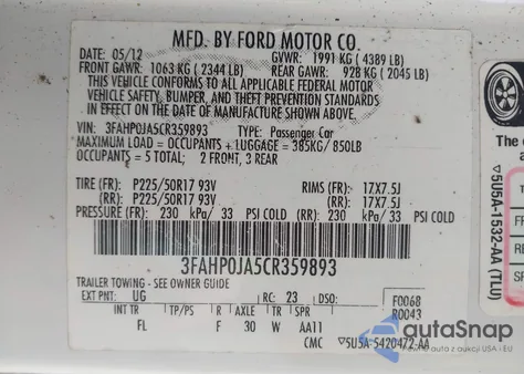 2012 Ford Fusion Sel z USA, uszkodzony, nr VIN 3FAHP0JA5CR359893